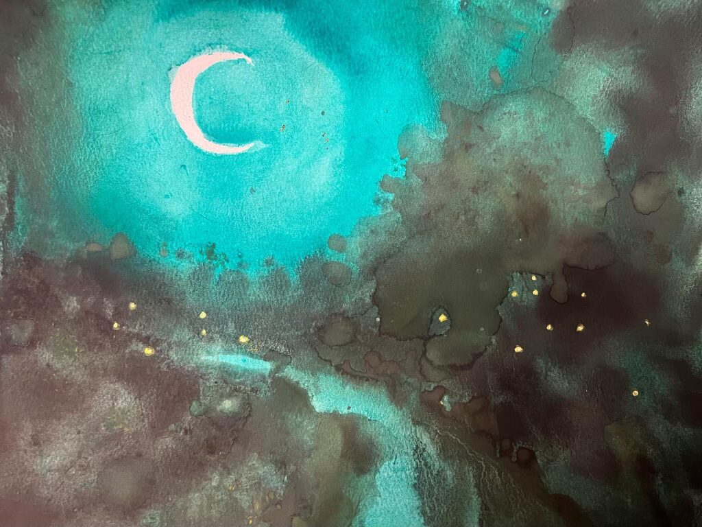 Watercolor crescent moon over creek